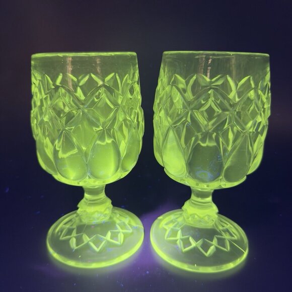 Antique Adams Glass Co Jacobs Tears Clear Goblets Cups Manganese 365nm Set 2 UV - Picture 14 of 14